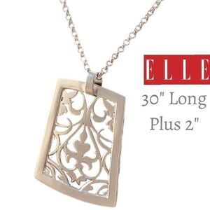 New ELLE Sterling Modern Filigree Flourish Openwork Long Statement Necklace